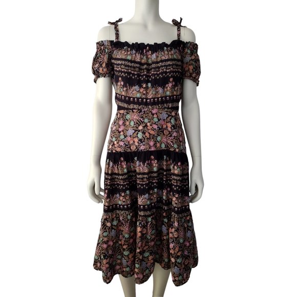 Vintage 1970s Black Cotton Off Shoulder Striped Floral A Line Midi Dress - Picture 1 of 13